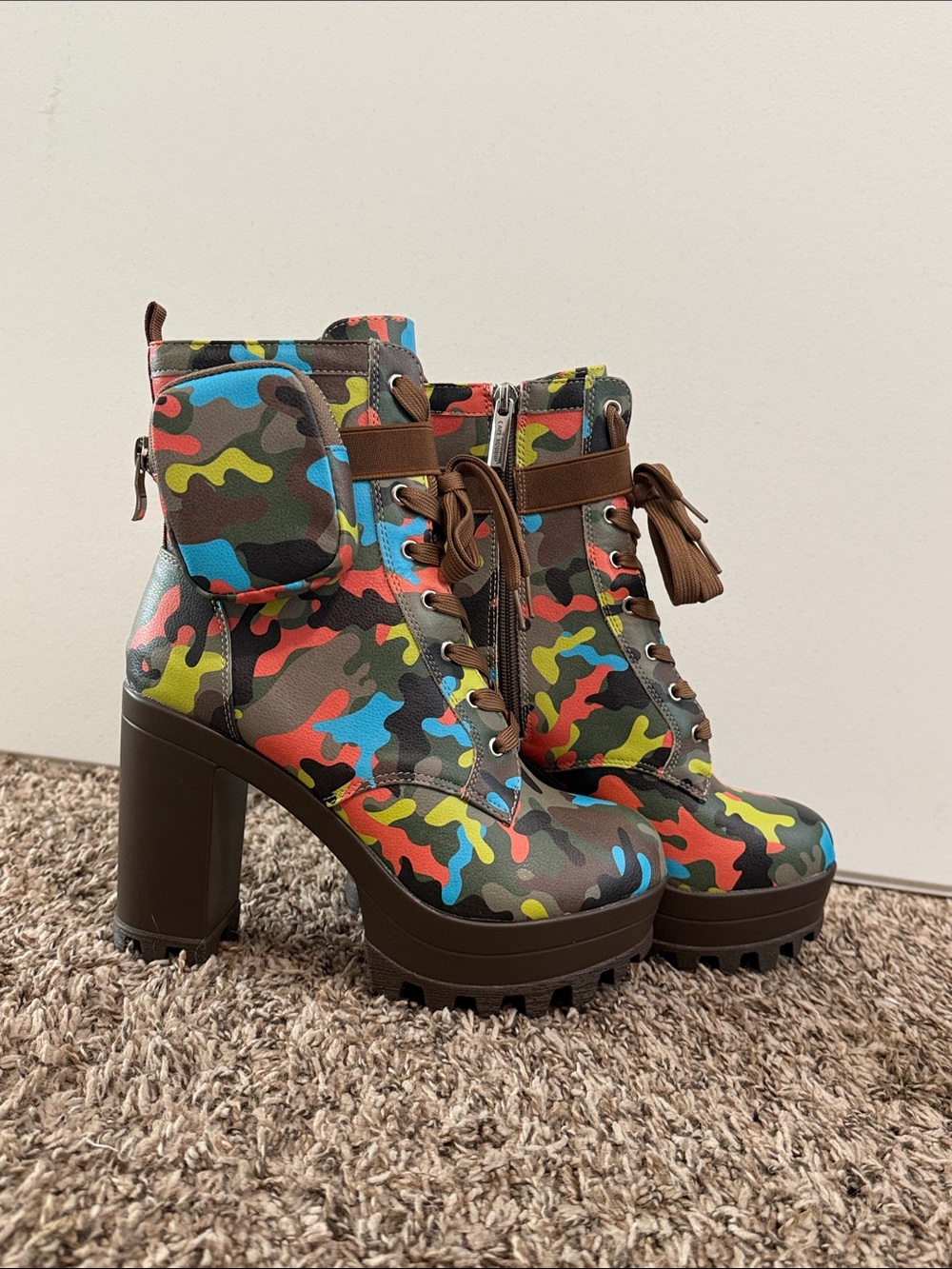 Cape Robbin Multicolor Camo Platform Lace-Up Heeled Ankle Boots